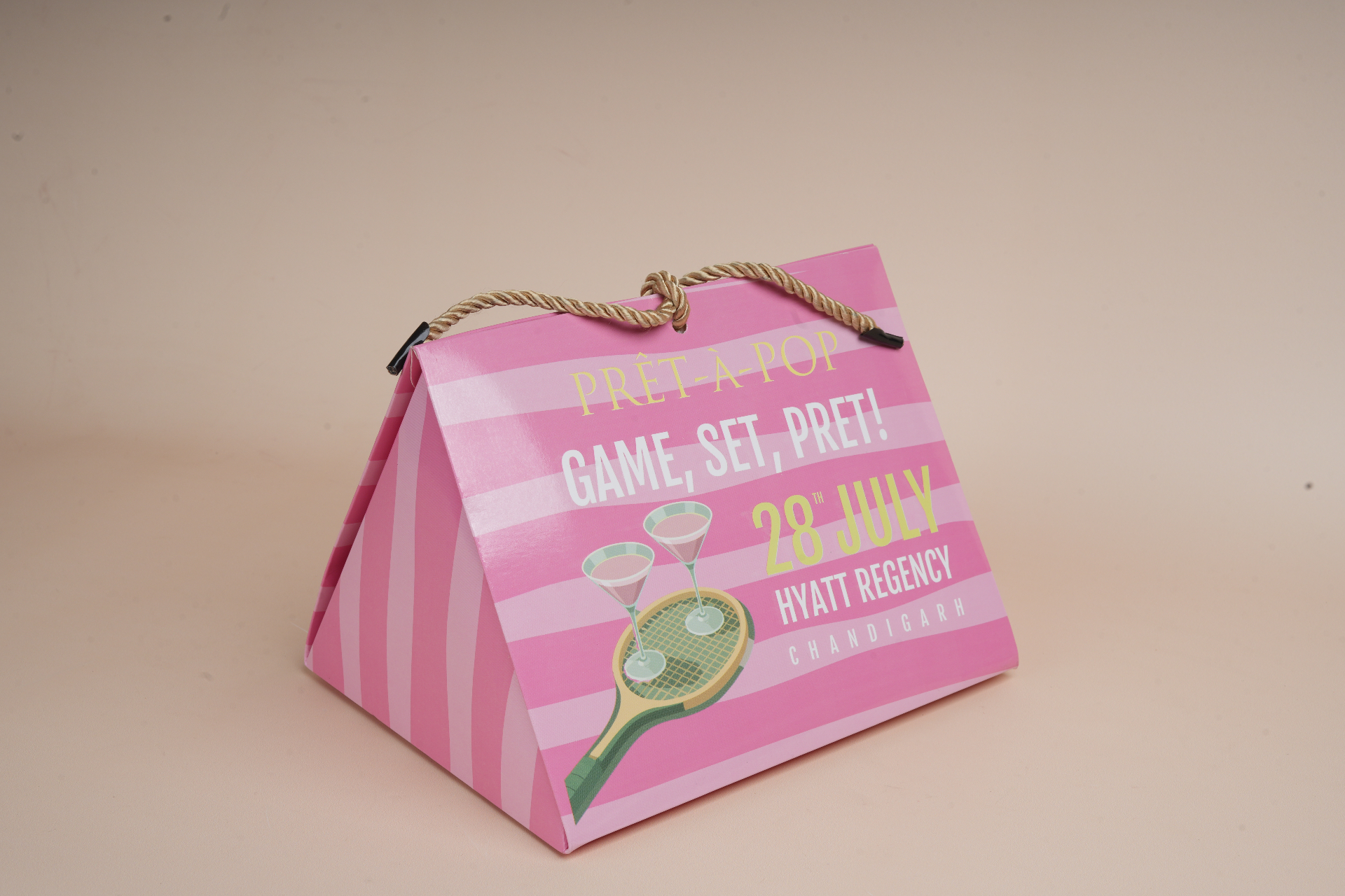 Pink striped custom event gift bag with rope handle