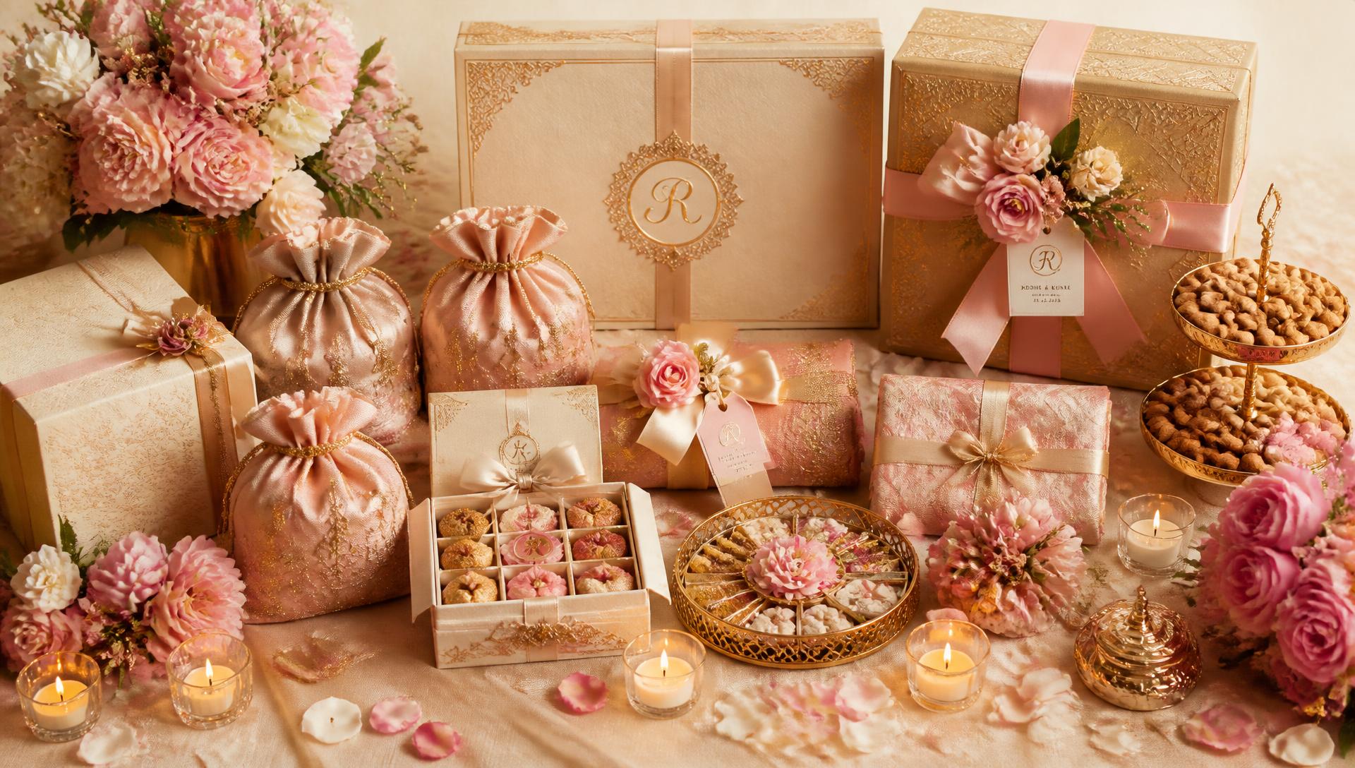 Luxury wedding hamper collage with gold rigid boxes, blush potli bags, mithai and florals