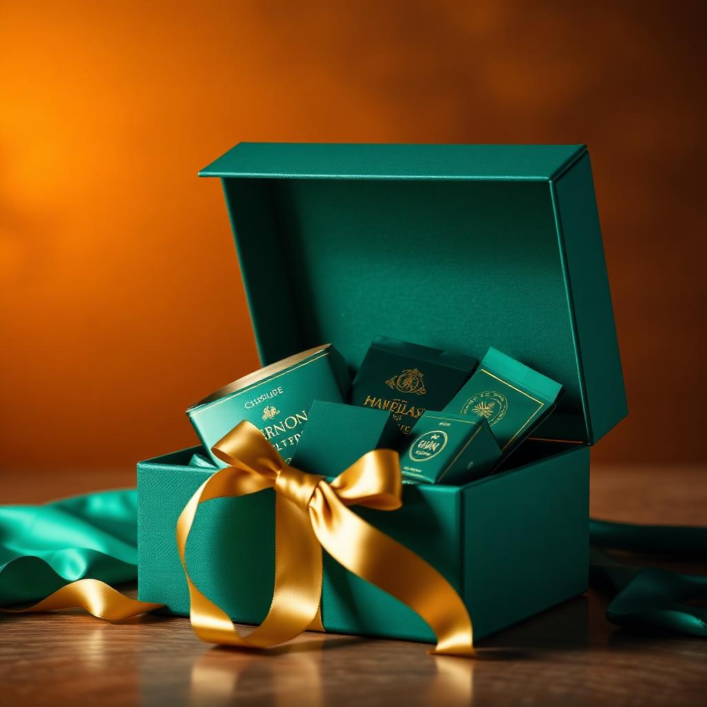 Emerald green luxury gift box with gold ribbon